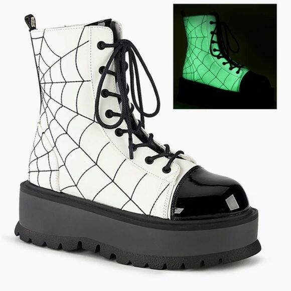 Demonia Glow In The Dark Ankle Boots 2" Platform Size 7 Spider Web - Picture 16 of 16